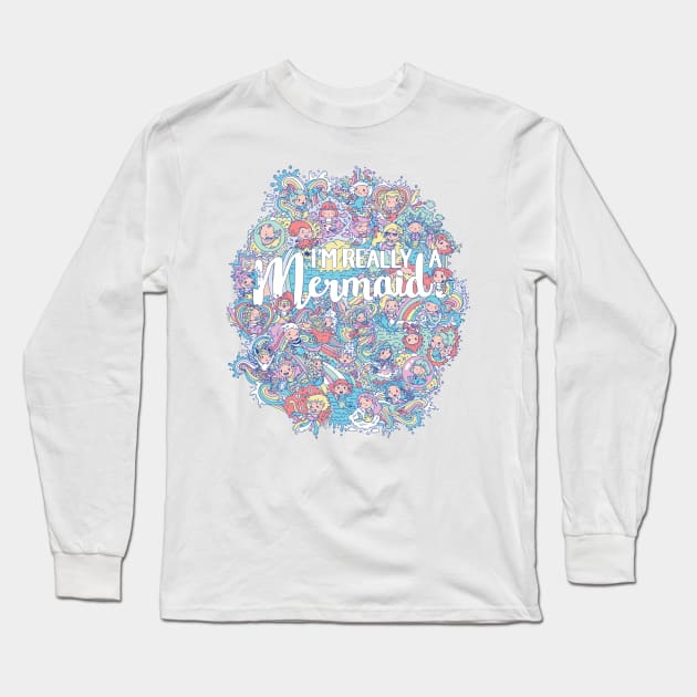 Colorful mermaid vector doodle pattern Long Sleeve T-Shirt by SPIRIMAL